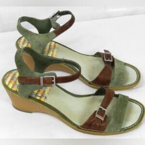 Camper Brown and Green Leather Sandals with Wedge Heel
